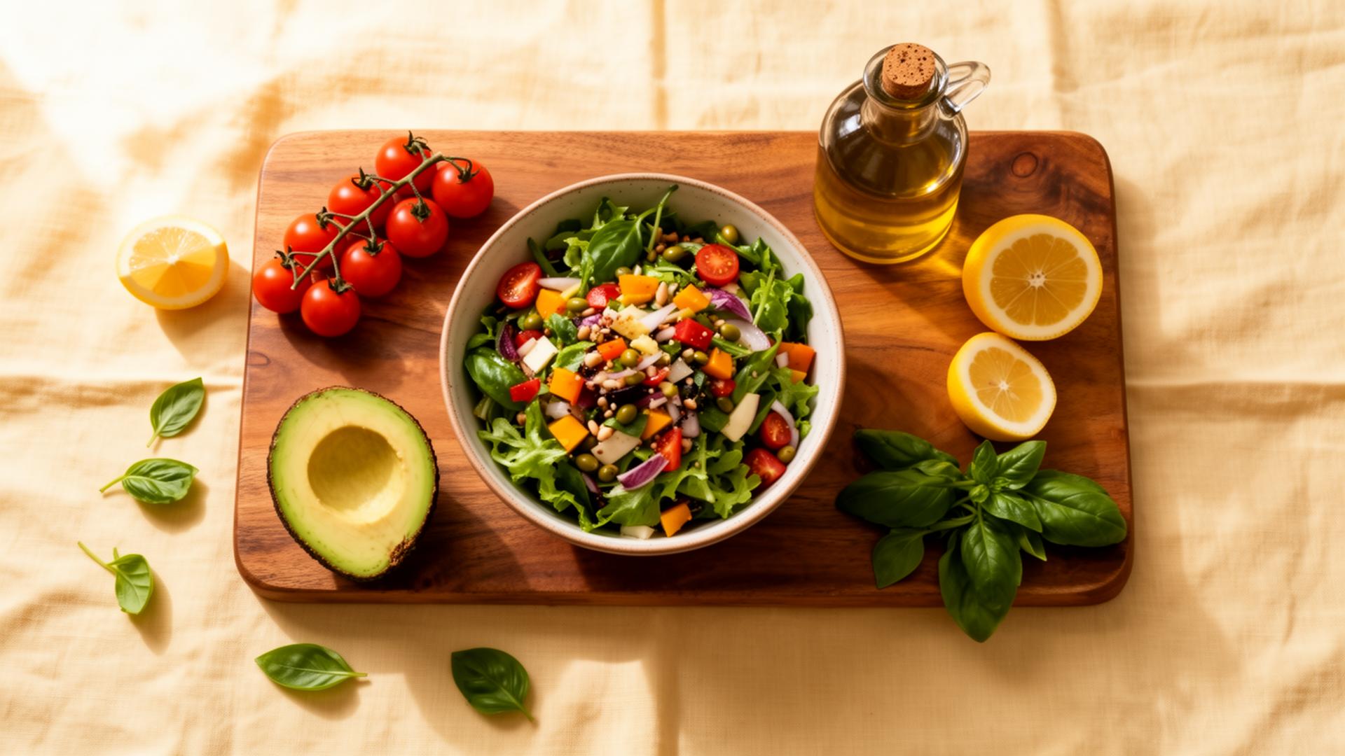 Fresh salad bowl with cherry tomatoes, avocado, basil and olive oil on a wooden board